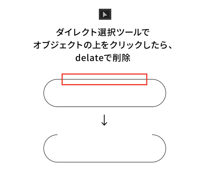 次にダイレクト選択ツールでオブジェクトの上の線をクリックして、delateを押して削除します。